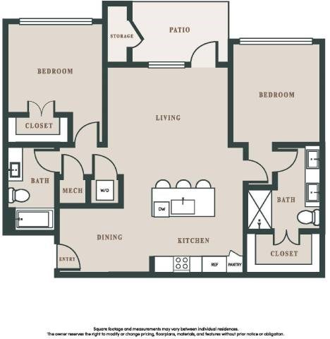 Floor plan for 2 beds, 2 baths, 1175 sqft