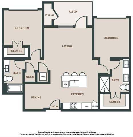 Floor plan for 2 beds, 2 baths, 1157 sqft