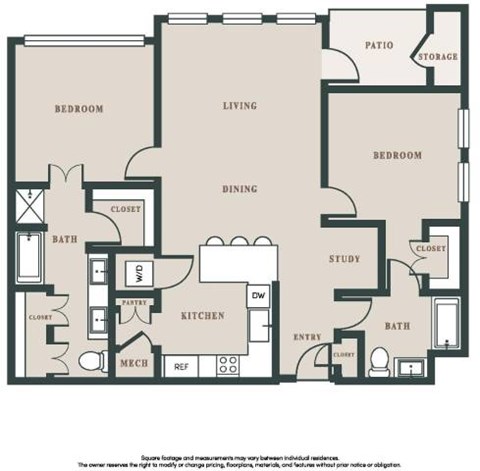 Floor plan for 2 beds, 2 baths, 1327 sqft