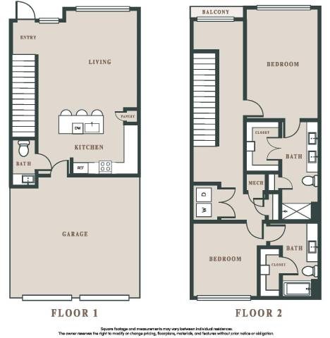 Floor plan for 2 beds, 2.5 baths, 2057 sqft