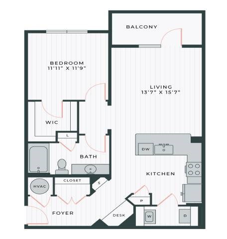 Floor plan for 1 bed, 1 bath, 830 sqft