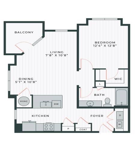Floor plan for 1 bed, 1 bath, 800 sqft