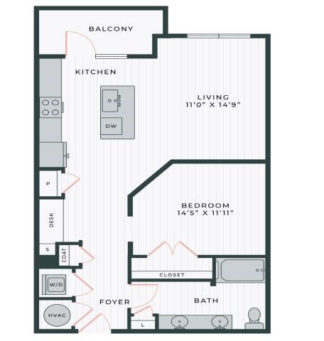 Floor plan for studio, 1 bath, 809 sqft