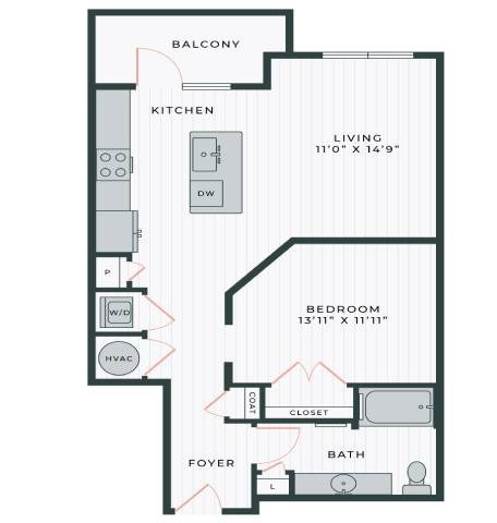 Floor plan for studio, 1 bath, 767 sqft