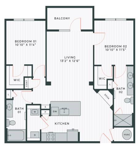 Floor plan for 2 beds, 2 baths, 1077 sqft