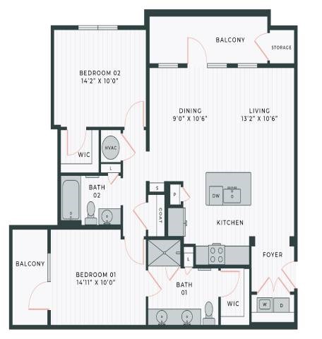 Floor plan for 2 beds, 2 baths, 1167 sqft
