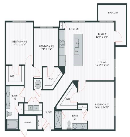 Floor plan for 3 beds, 2 baths, 1568 sqft