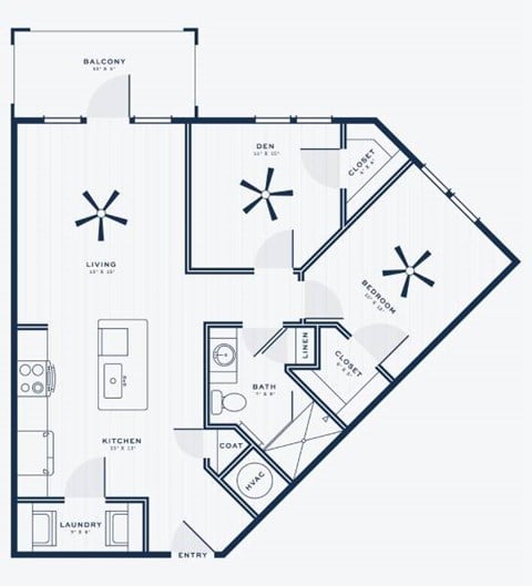 Floor plan for 1 bed, 1 bath, 890 sqft