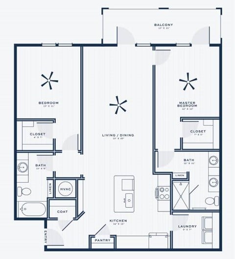 Floor plan for 2 beds, 2 baths, 1330 sqft