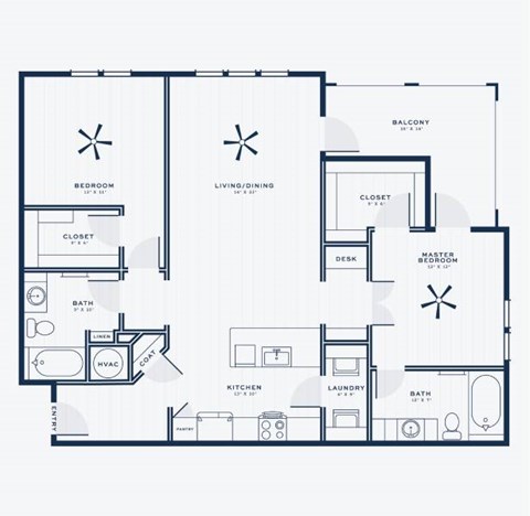Floor plan for 2 beds, 2 baths, 1291 sqft