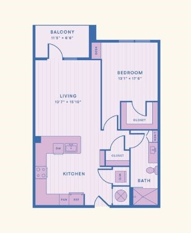Floor plan for 1 bed, 1 bath, 827 sqft