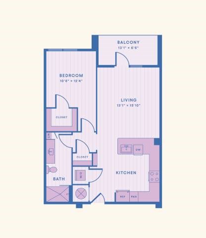 Floor plan for 1 bed, 1 bath, 786 sqft