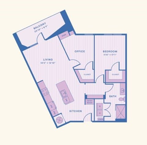 Floor plan for 1 bed, 1 bath, 1048 sqft