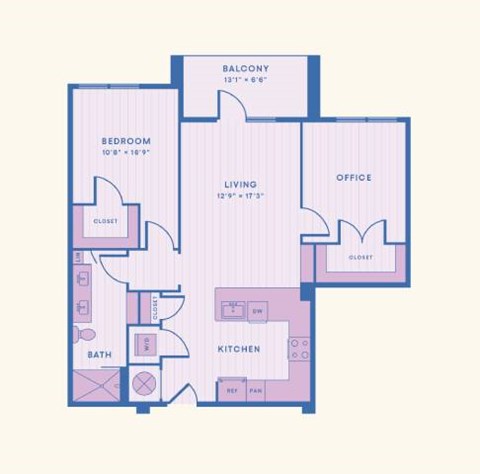 Floor plan for 1 bed, 1 bath, 996 sqft