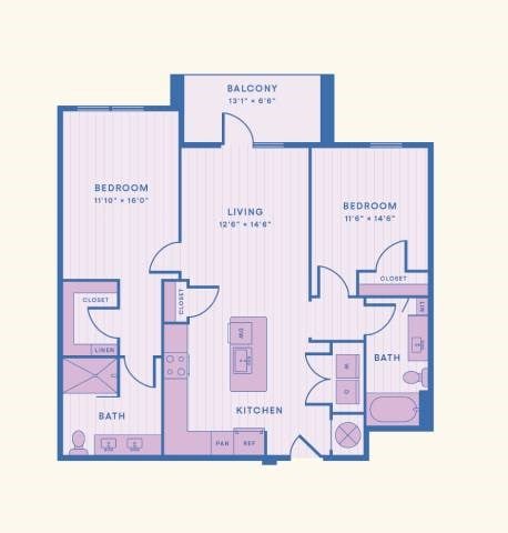 Floor plan for 2 beds, 2 baths, 1106 sqft