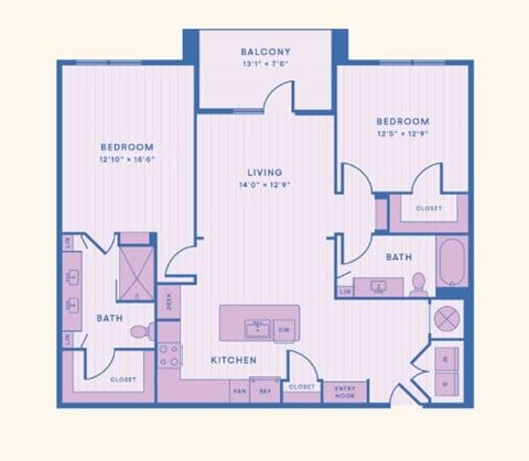 Floor plan for 2 beds, 2 baths, 1301 sqft