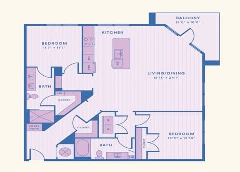 Floor plan for 2 beds, 2 baths, 1333 sqft