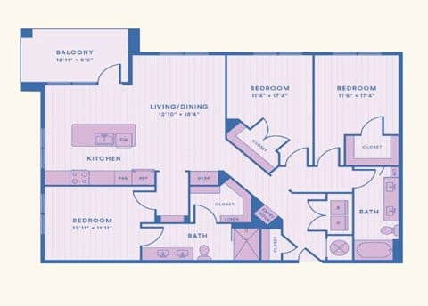 Floor plan for 3 beds, 2 baths, 1565 sqft