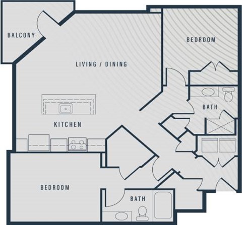 Floor plan for 2 beds, 2 baths, 1135 sqft