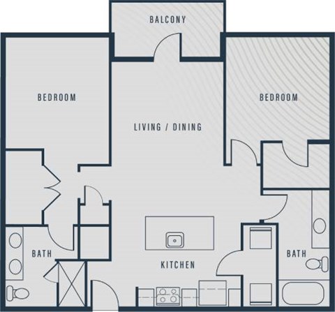 Floor plan for 2 beds, 2 baths, 1090 sqft