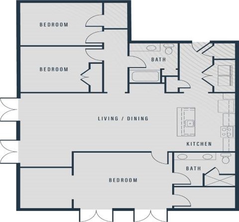 Floor plan for 3 beds, 2 baths, 1432 sqft