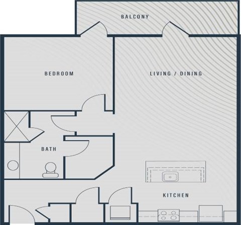 Floor plan for 1 bed, 1 bath, 907 sqft