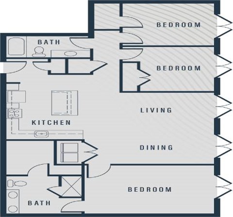 Floor plan for 3 beds, 2 baths, 1432 sqft