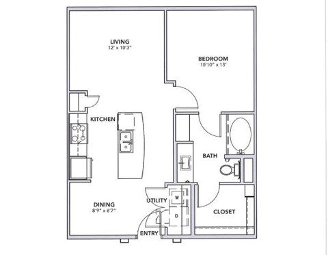 Floor plan for 1 bed, 1 bath, 702 sqft