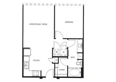 Floor plan for 1 bed, 1 bath, 798 sqft