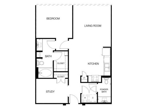 Floor plan for 1 bed, 1.5 baths, 908 sqft