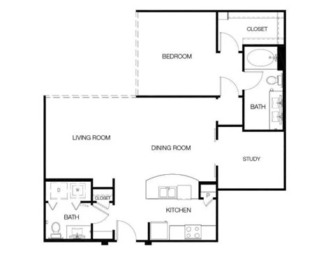 Floor plan for 1 bed, 1.5 baths, 1056 sqft