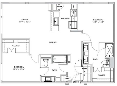 Floor plan for 2 beds, 2 baths, 1287 sqft