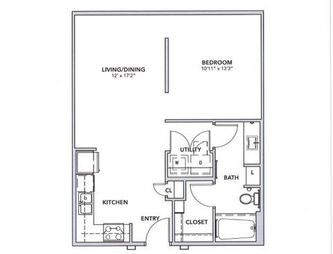 Floor plan for 1 bed, 1 bath, 702 sqft