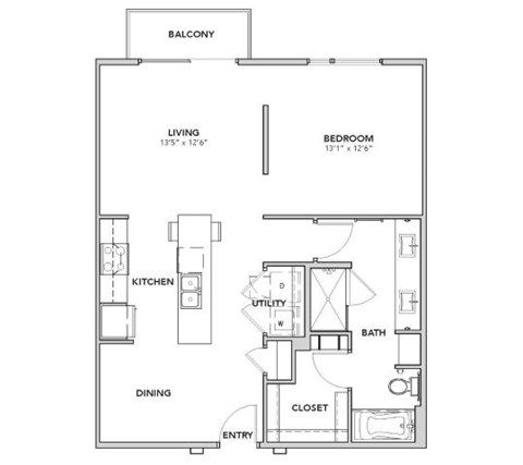 Floor plan for 1 bed, 1 bath, 828 sqft