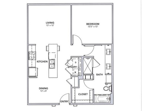 Floor plan for 1 bed, 1 bath, 828 sqft