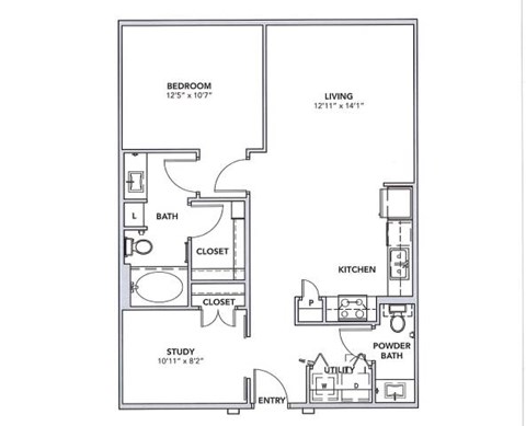 Floor plan for 1 bed, 1 bath, 908 sqft