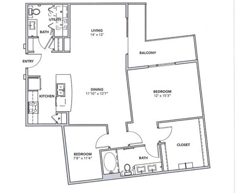 Floor plan for 1 bed, 1 bath, 1168 sqft