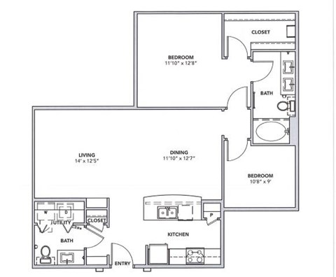 Floor plan for 1 bed, 1 bath, 1056 sqft