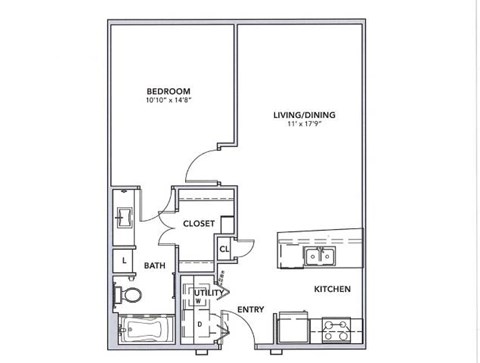 Floor plan for 1 bed, 1 bath, 673 sqft