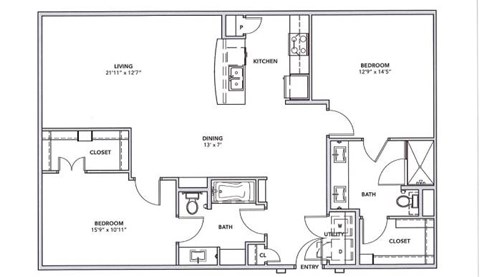 Floor plan for 2 beds, 2 baths, 1331 sqft