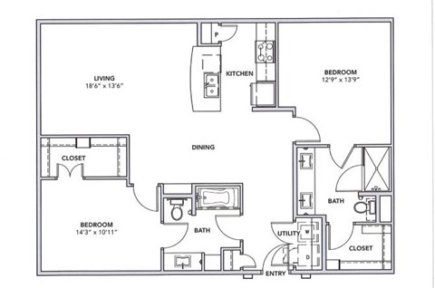 Floor plan for 2 beds, 2 baths, 1199 sqft