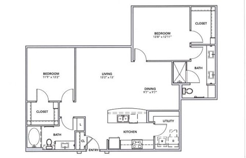 Floor plan for 2 beds, 2 baths, 1251 sqft