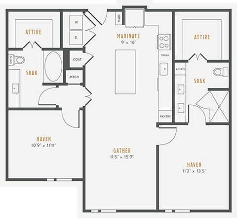 Floor plan for 2 beds, 2 baths, 1114 sqft