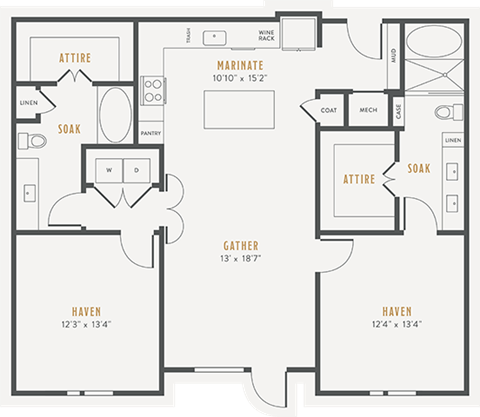 Floor plan for 2 beds, 2 baths, 1252 sqft