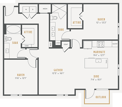 Floor plan for 2 beds, 2 baths, 1281 sqft