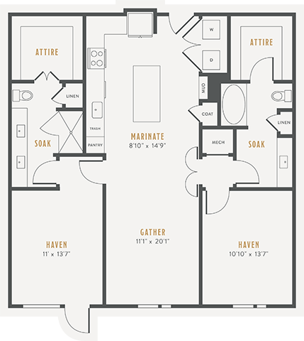 Floor plan for 2 beds, 2 baths, 1232 sqft