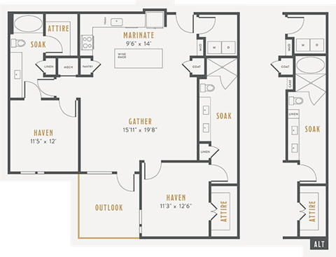 Floor plan for 2 beds, 2 baths, 1268 sqft