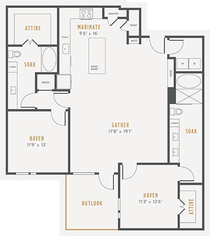 Floor plan for 2 beds, 2 baths, 1422 sqft