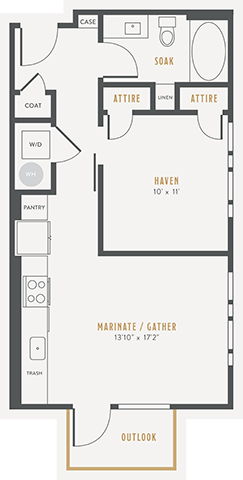 Floor plan for 1 bed, 1 bath, 588 sqft
