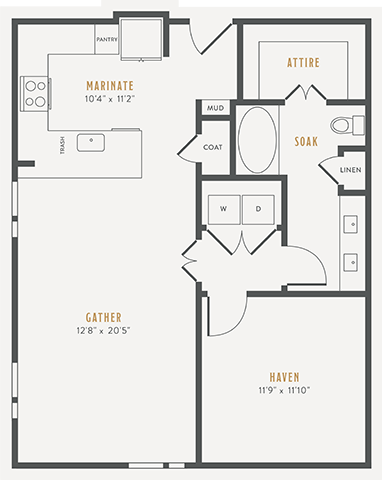 Floor plan for 1 bed, 1 bath, 835 sqft
